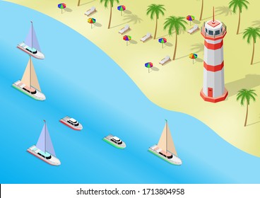 Vector isometric of summer tropical beach with lighthouse, palm tree, and ships