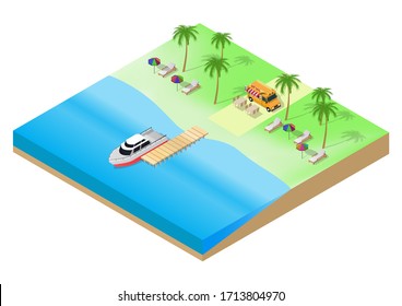 Vector isométrico de la playa tropical de verano con palmeras, barcos y coche