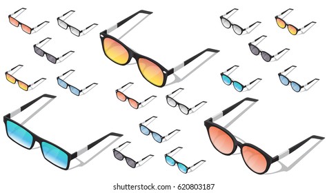 Vector isometric sunglasses set with transparent glasses and shadows