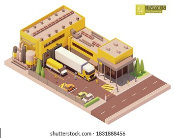 Vector isometric supermarket building. Factory or plant building exterior. Industrial facility. Office, loading docks and trucks loaded with goods. Isometric city or town map construction elements