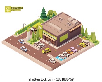 Vector Isometric Supermarket Building. Grocery Store Building Exterior. Big Shop With Car Parking. Isometric City Or Town Map Construction Elements