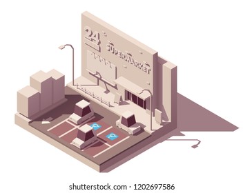 Vector isometric supermarket car parking lot with marked disables car parking spaces