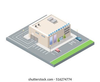 Vector isometric supermarket with car parking, 3D flat design shopping place.