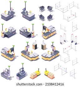 Registro de caja de un supermercado isométrico vectorial. Contador de caja para la compra y venta en supermercado con correa transportadora, sistema de autoservicio o autofacturación, carritos de compras, tomas de paleta para carretillas elevadoras y otros equipos de venta al por menor