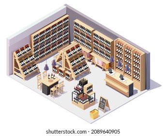 Vektorisometrische Supermarkt oder Lebensmittelgeschäft Weinabteilung innen mit Möbeln und Ausrüstung. Weinflaschen auf Displays, Regale und Gondeln, Kassenschalter mit Registrierkassen, Körbe