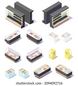 Vector isometric supermarket or grocery store showcase display fridges, refrigerator and shelves for beer, juice, ice cream and other products