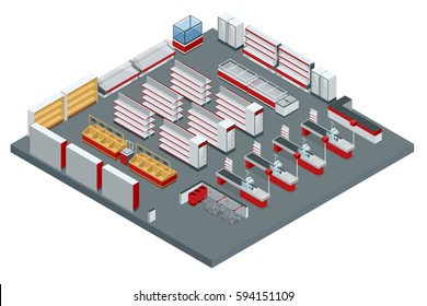 Vector isometric supermarket interior plan. 