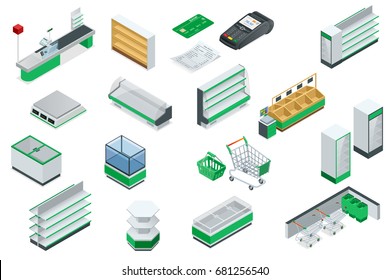 Vector isometric supermarket interior plan. Image includes Cash Truck, check, credit card, money, payment, product, purchase, scanner, furniture and equipment. Shelves for different kinds of goods