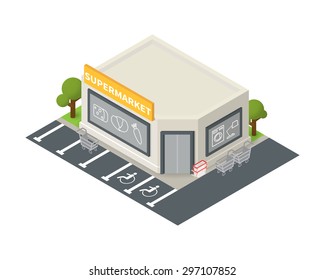 Vector isometric supermarket store building. Shopping icon