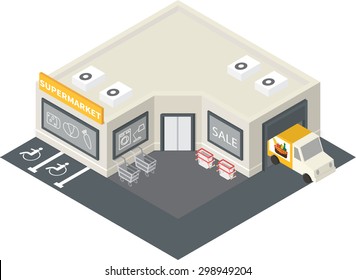 Vector isometric supermarket store shopping building icon.