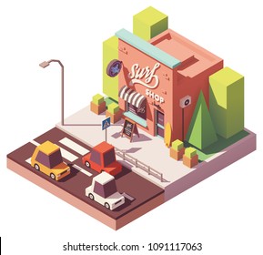 Vector isometric surf equipment shop building with signboard, neon sign and surf board