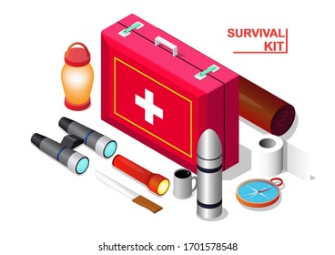 Vector isometric of Survival emergency kit set, isolation on white