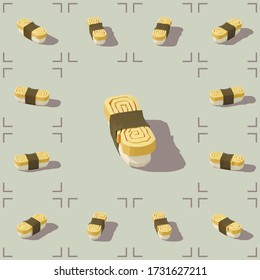Sushi isométrico vectorial con tortilla. Sushi de Tamako. Ilustración vectorial 3d de baja polilla.