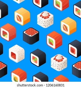 Vector isometric sushi pattern or background illustration. 3d food traditional