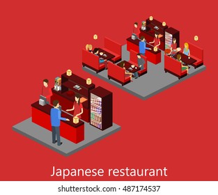 Vector isometric sushi restaurant. Building icon. Flat 3D illustration.
