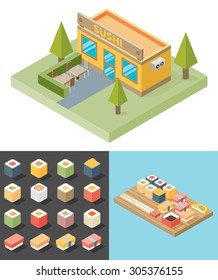 Vector isometric sushi restaurant cafe building icon. Icons Sushi. Tray.