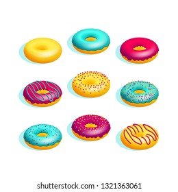 Vector isometric sweet and colorful donuts set with different icing, doughnuts isolated on white background. Yummy pastry desert for coffee or tea, cafe designs, invitations and celebrations.