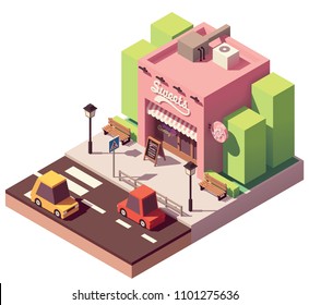 Vector isometric sweets shop or confectionery store building with signboard and awning