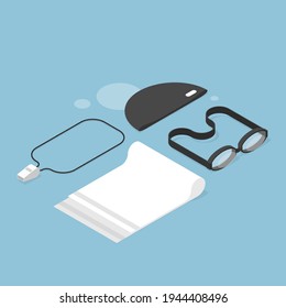 Vector Isometric Swimming Concept Illustration. Swimming Related Objects - Swim Goggles, Cap, Whistle And Towel.