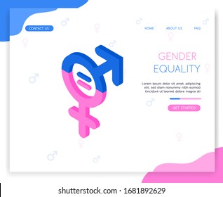 Vector isometric symbol of gender equality. Icon with a combined male and female icon, inside an equal sign between the sexes. Illustration on white background with elements of website and web design