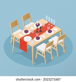 Vector isometric table setting illustration. Wooden table with chairs and tableware - plates, bowls, glasses, cup, napkins, candles, forks, knives.