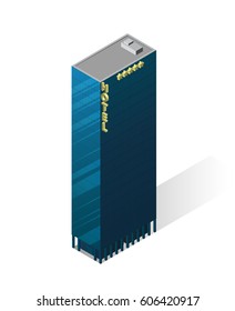 Vector isometric tall building. Skyscraper icon on white background. Big city. Modern five star hotel. Glass facade.