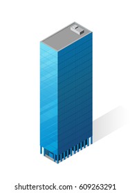 Vector isometric tall building. Skyscraper icon on white background. Big city. Modern hotel or business center. Glass facade.