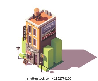 Vector isometric tapas restaurant building with signboard, awnings and Spanish travel advertising on the billboard