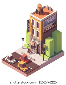 Vector isometric tapas restaurant building with signboard, awnings and Spanish travel advertising on the billboard