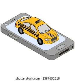 Vector isometric taxi car on a smart phone. Taxi service mobile app. Navigate application.