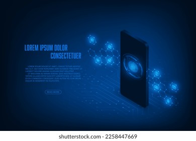 Vector isometric technology cyber security online banking application concept. Fingerprint on circuit board with mobile phone.