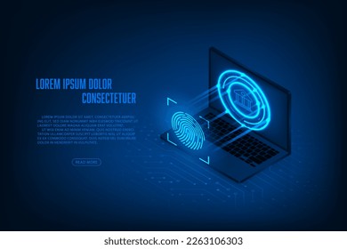 Vector isometric technology cyber security online banking concept. Fingerprint on circuit board with laptop