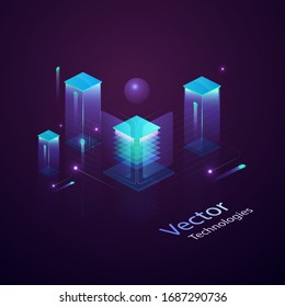 Vector isometric technology. Glowing energy sources on the motherboard.