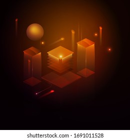 Tecnología isométrica vectorial. Fuentes de energía brillantes en la placa base.