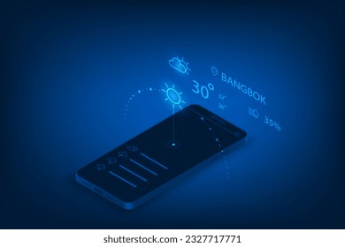 Vector isometric technology weather forecast application with mobile phone concept.