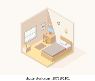 Vector isometric teenager room interior. Teenager or student room interior with bed, desk, computer, bookshelf, and other room equipment and furniture.3d suburban isometric illustration.Isolated vecto