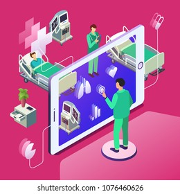 Vector isometric telemedicine, online medicine healthcare technology concept. 3d illustration with doctor monitoring patient in hospital ward, looking at health indicators at tablet computer screen.