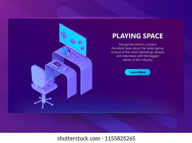 Vector isometric template site construction for gaming industry, entertainment news, playing space. Portal background with button, violet computer on table with chair. Ultraviolet electronic devices.