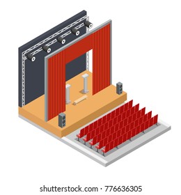 Vector Isometric Theatre Interior Stage Background.