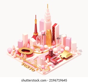 Vector isometric Tokyo skyline, Japan. Low poly illustration. Fictional isometric map. Tokyo landmarks and famous buildings