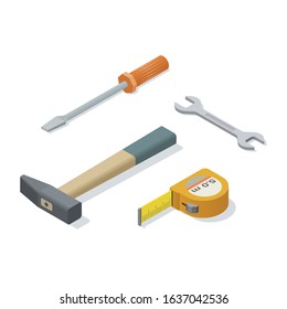 Vector isometric tools for repair, 
hammer, screwdriver, tape measure, wrench. 