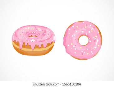 Vector isometric and top view Donuts set icons with pink glaze and sugar decorative hearts isolated on white background. Cartoon flat hand drawn sweet dessert for menu, sweet shop, National Donut Day 