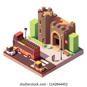 Vector isometric tourist attractions icon representing ancient castle or fortress, hop on hop off tourist bus, city map on the billboard and tickets sign