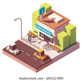 Vector isometric tourist information or visitor center office building with bicycle rental