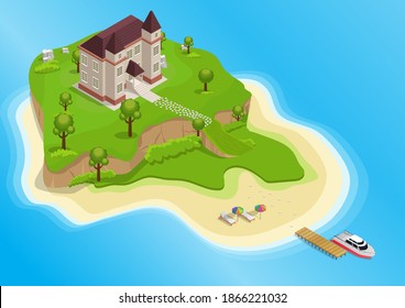 Vector isometric of tourist island with trees, and house with yacht on the sea.