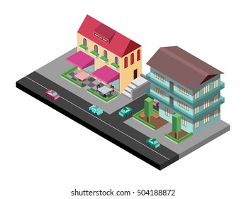 Vector isometric town, street, house and cars