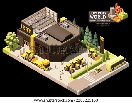 Vector isometric tractor and heavy machinery dealership showroom and service station. New tractors on the display. Customers watching at exhibition