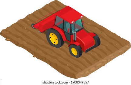 Vector isometric tractor illustration, arable land, agriculture