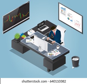 Vector Isometric Trader Working Place Conception. Traders Working Process Illustration