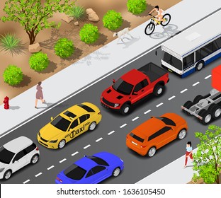 Vector isometric traffic jam illustration. Traffic optimization problem. Modern cities situation.